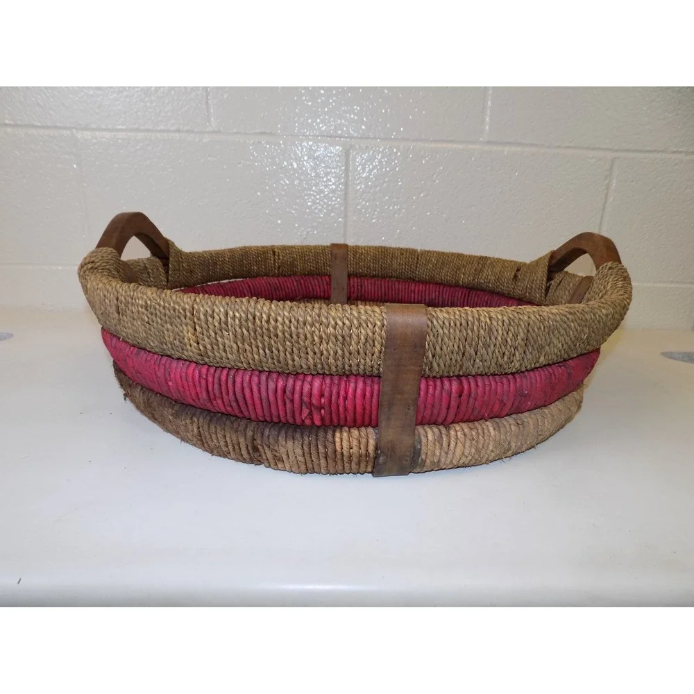 Large Vintage Woven Basket Tray w/ Wood Handles Red Accent Round Boho 20